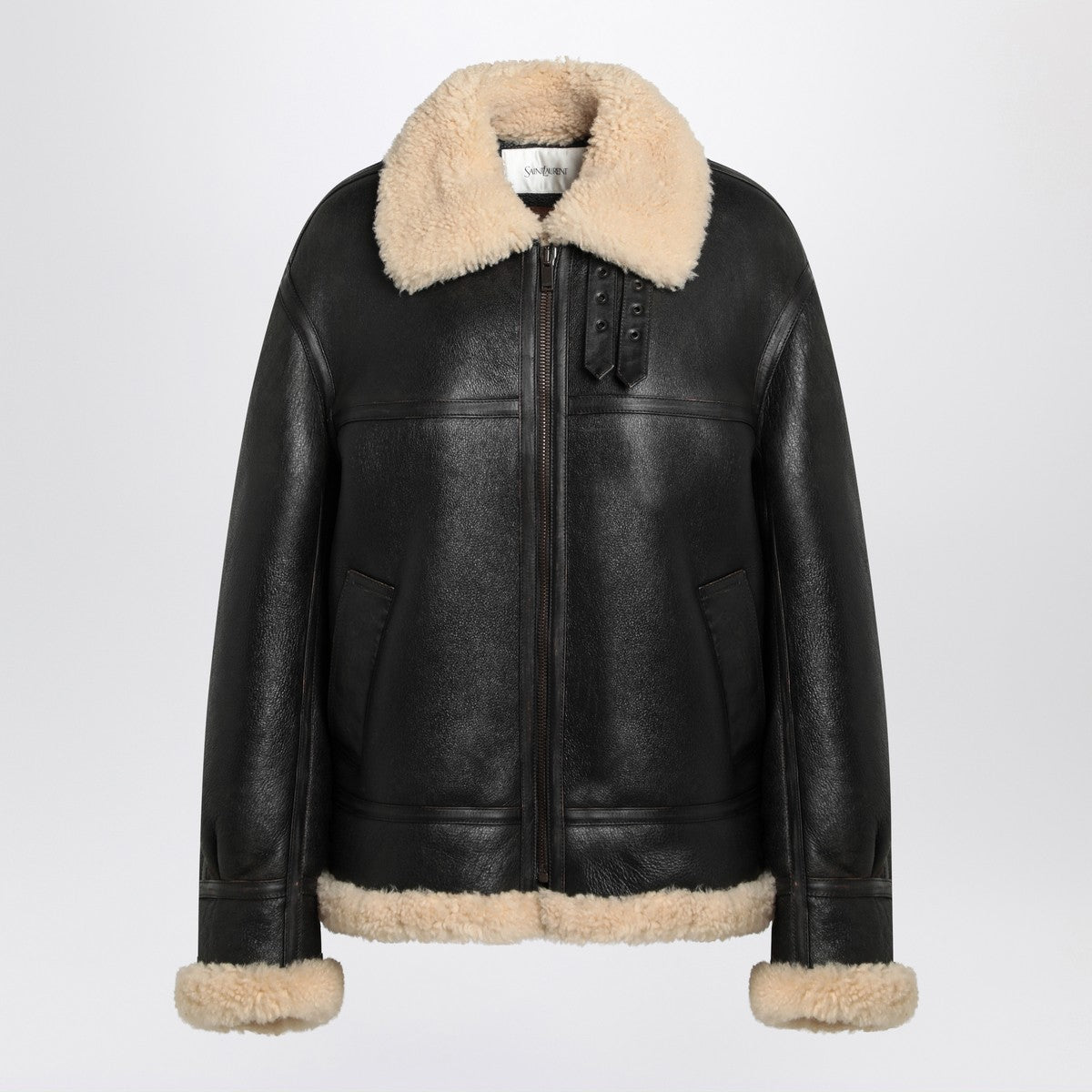 Saint Laurent Black Shearling-Trimmed Leather Jacket Black