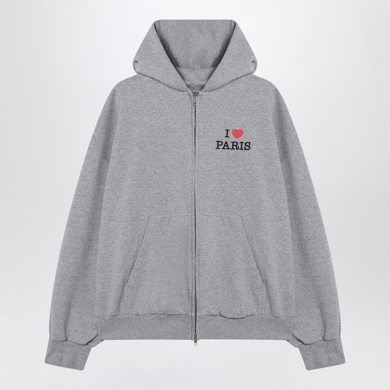 Balenciaga Grey Cotton Oversized Zip-Up Hoodie with I Love Paris Motif Grey