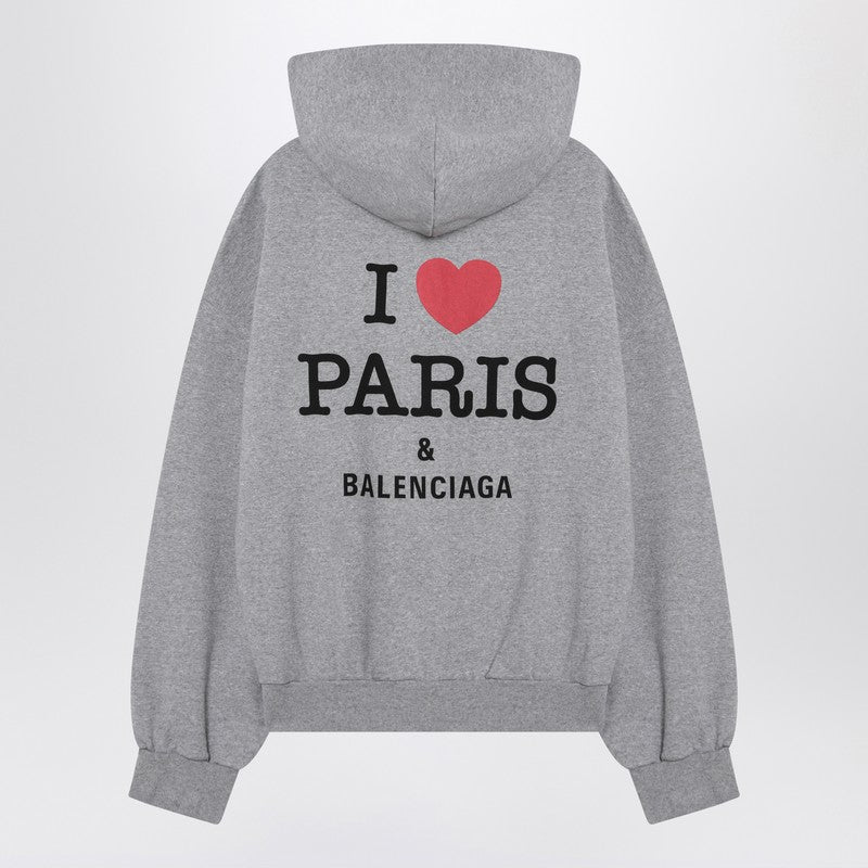 Balenciaga Grey Cotton Oversized Zip-Up Hoodie with I Love Paris Motif Grey