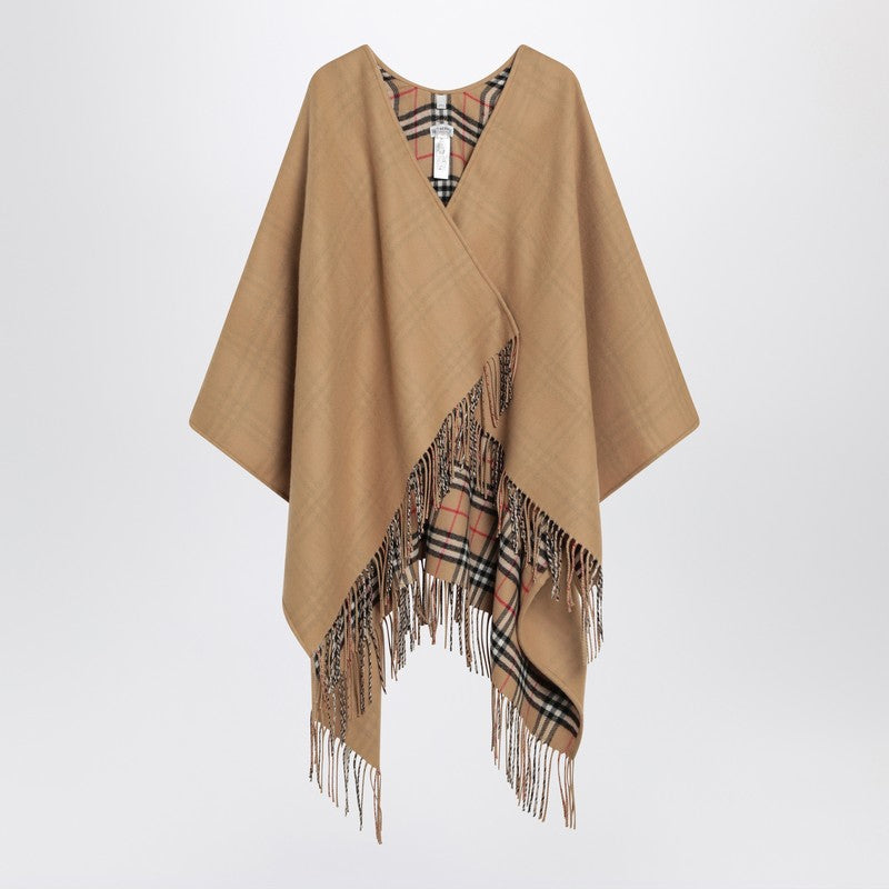 Burberry Beige Wool Cape with Iconic Check Lining and Fringed Edges Beige