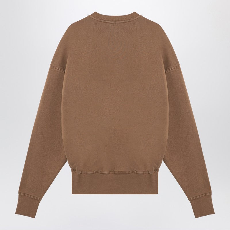 Saint Laurent Caramel Plush Cotton Crewneck Sweatshirt with Logo Patch - Brown