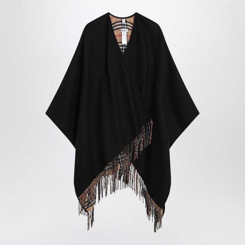 Burberry Black Wool Cape with Iconic Check and Fringed Edges Black
