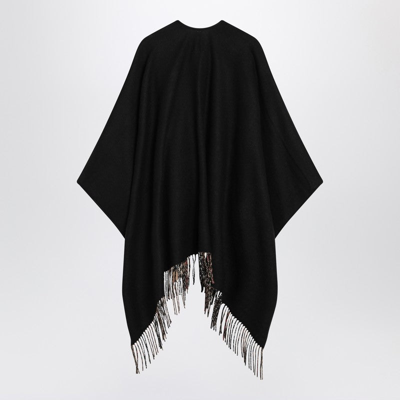 Burberry Black Wool Cape with Iconic Check and Fringed Edges Black