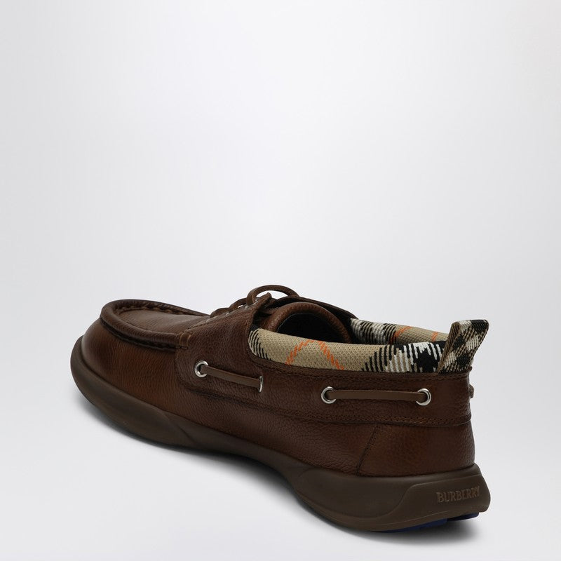 Burberry Brown Leather Loafers with Check Trim Brown