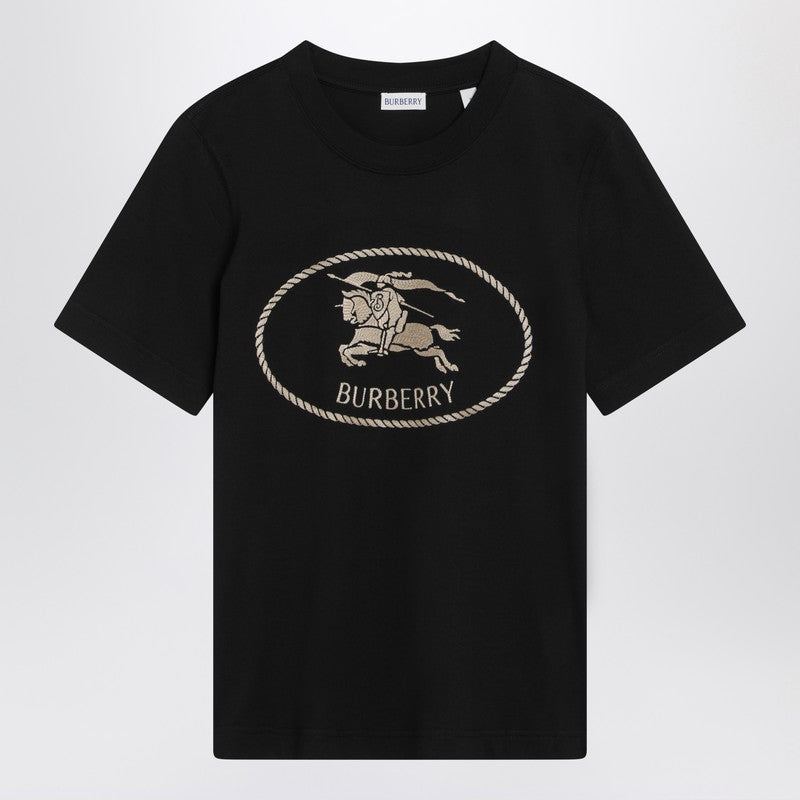 Burberry Black Cotton T-shirt with Equestrian Knight Embroidery Black