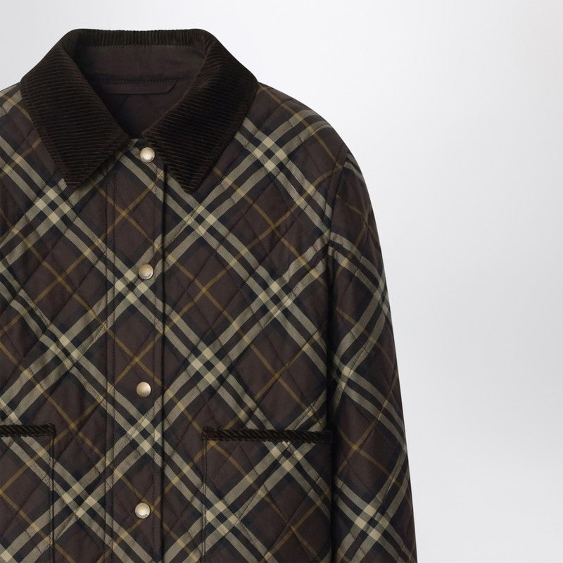 Burberry Cropped Quilted Nylon Jacket with Check Pattern Brown