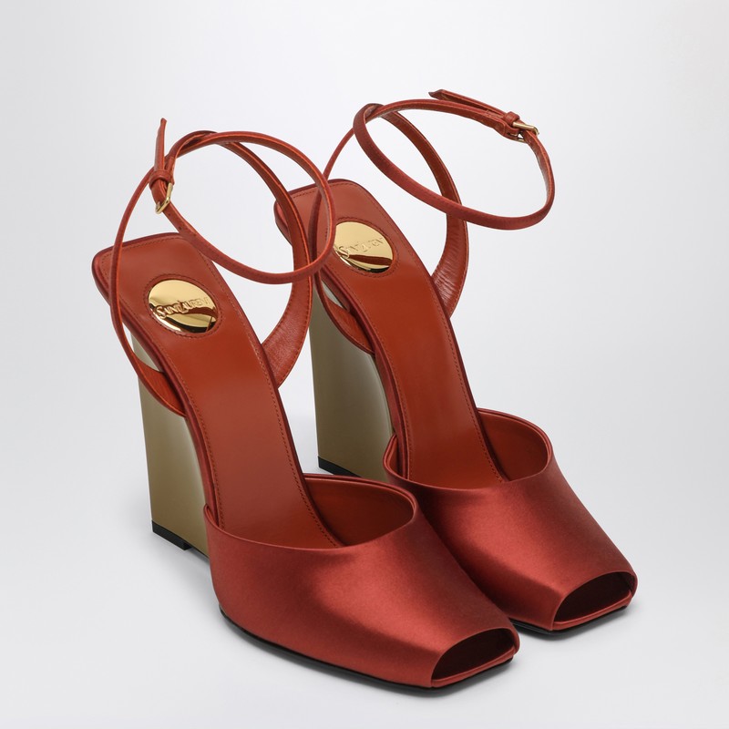 Saint Laurent Zeppe La Scandale Satin Wedge Sandals Brown