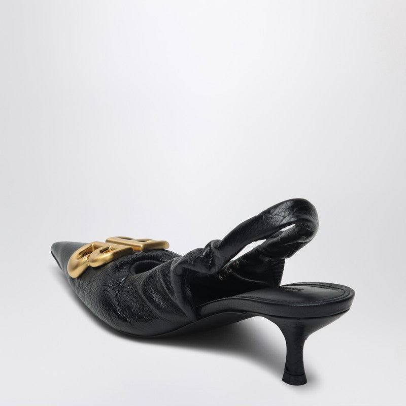 balenciaga monaco pointed-toe black slingback with gold bb logo black