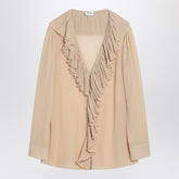 Saint Laurent Beige Silk Ruffled Blouse with Semi-Sheer V-Neck Detail Beige