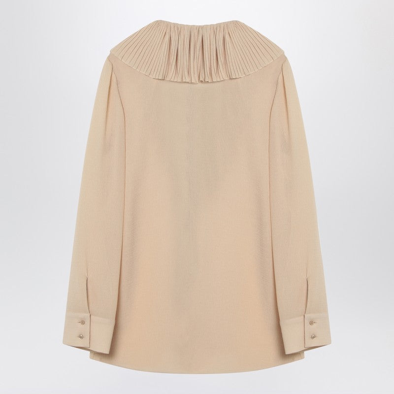 Saint Laurent Beige Silk Ruffled Blouse with Semi-Sheer V-Neck Detail Beige