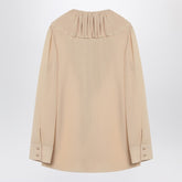 Saint Laurent Beige Silk Ruffled Blouse with Semi-Sheer V-Neck Detail Beige