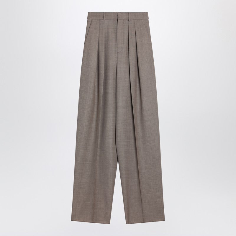 Saint Laurent Wide-Leg High-Waisted Wool Trousers Taupe Beige Beige