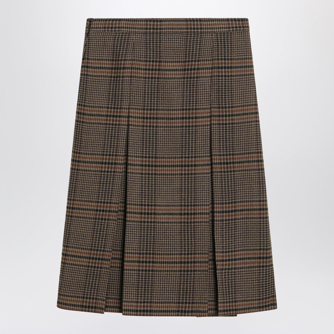 Saint Laurent Prince of Wales Wool Midi Skirt Brown