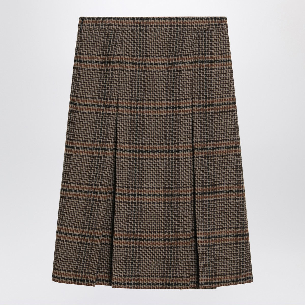 Saint Laurent Prince of Wales Wool Midi Skirt Brown
