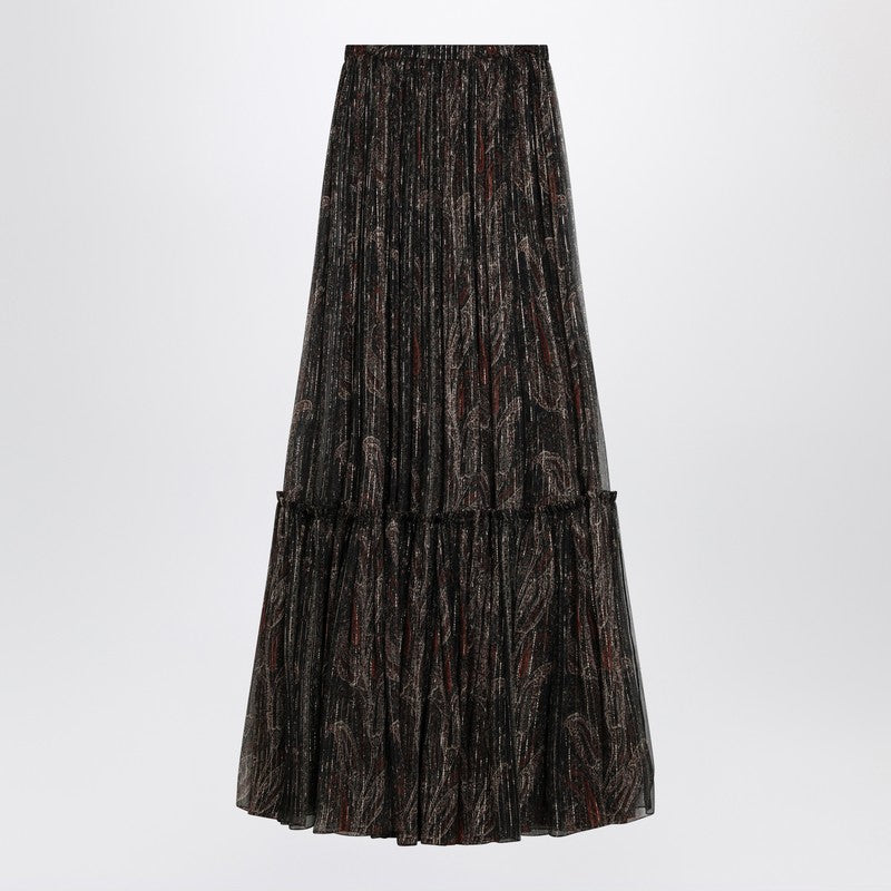 Saint Laurent Ruffled Paisley-Print Silk-Blend Long Skirt Black