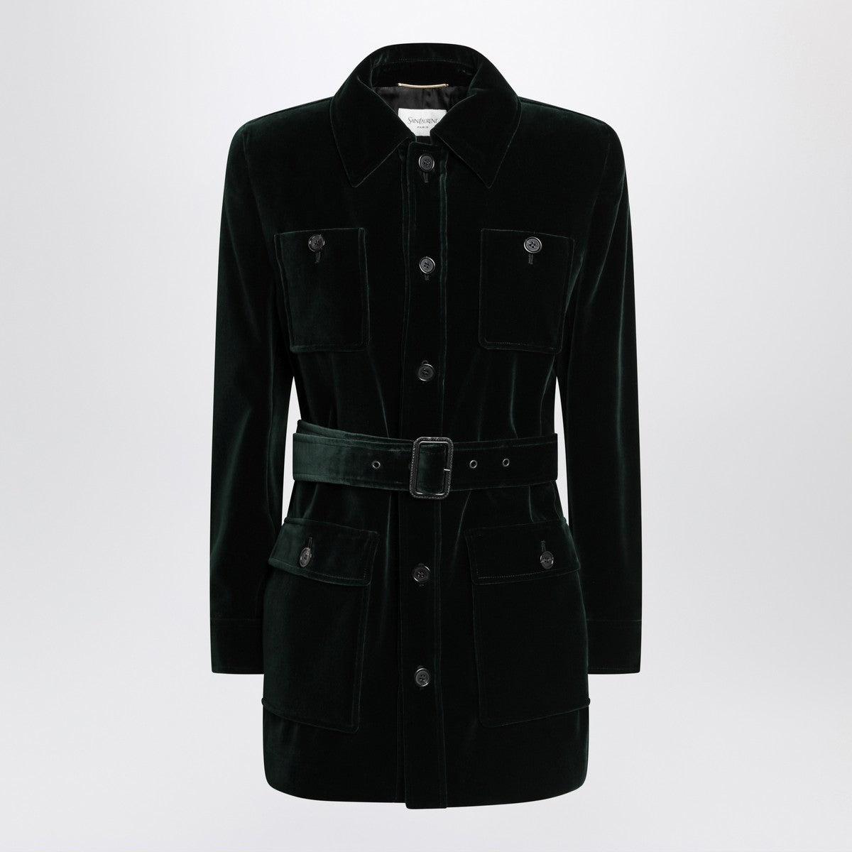 Saint Laurent Green Cotton Velvet Safari Jacket with Removable Belt Black
