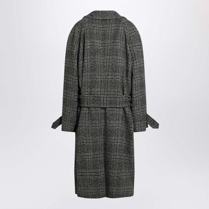 Balenciaga Raglan Checked Wool Belted Coat in Black and Grey Black