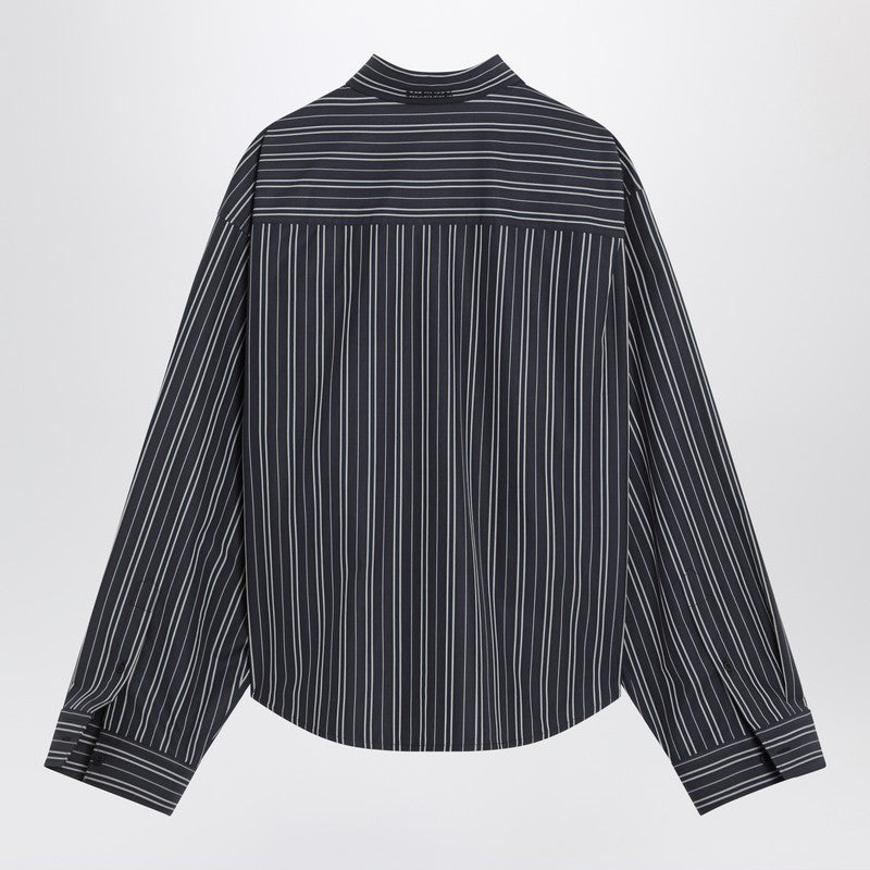 Balenciaga Navy Blue Striped Cotton Asymmetric Shirt with Embroidered Detail Blue