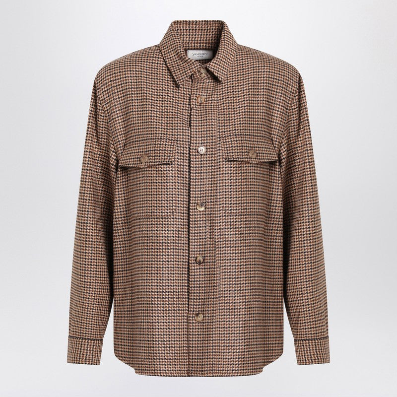 Saint Laurent Overshirt in Beige, Brown and Black Houndstooth Wool Beige