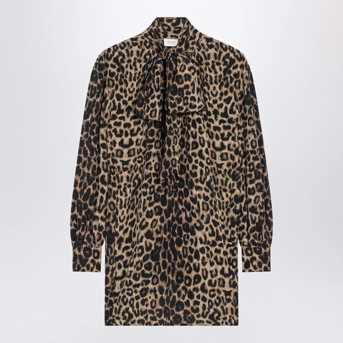 Saint Laurent Leopard-Print Silk Mini Dress With Tie-Neck Scarf Print
