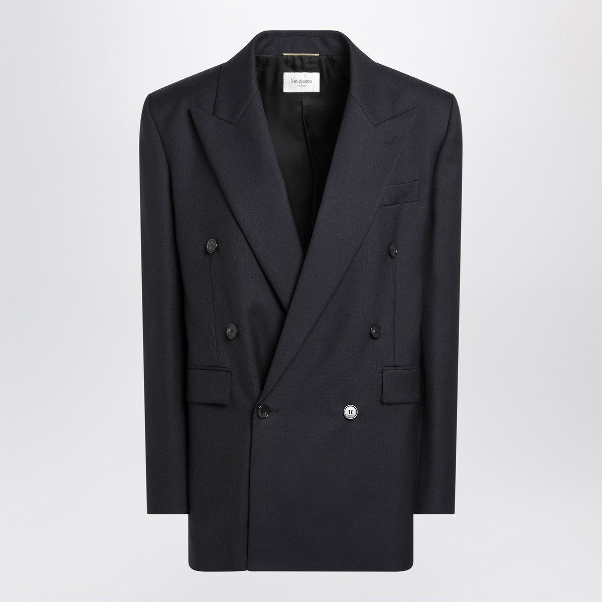 Saint Laurent Long Double-Breasted Wool Gabardine Coat Navy Blue Blue