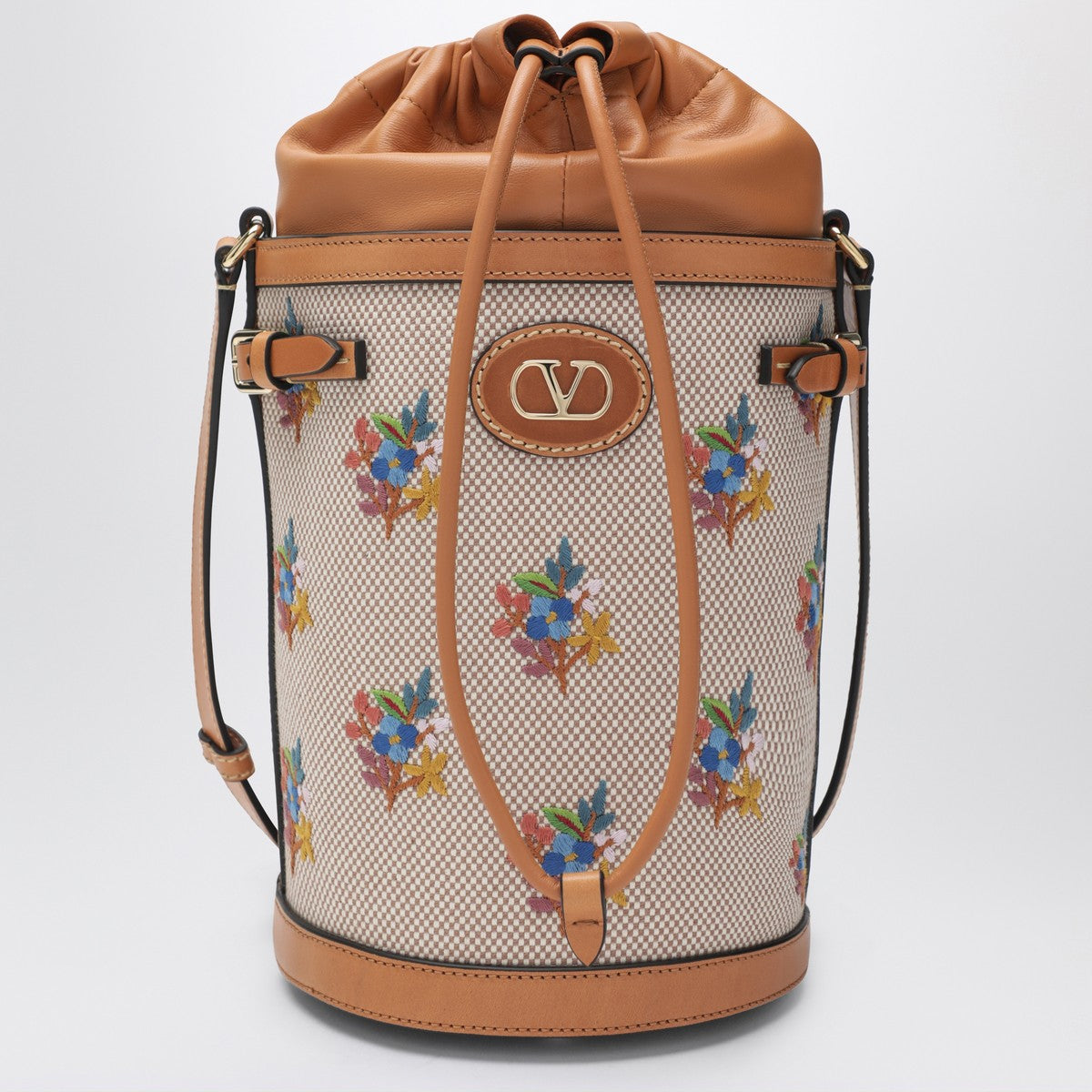 Valentino Garavani Canvas Floral Bucket Bag Beige