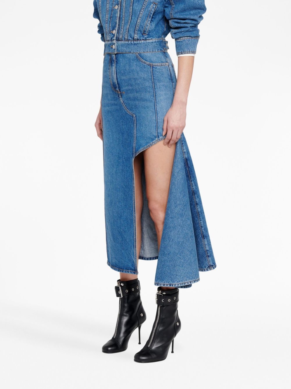 Alexander McQueen Denim Midi Skirt with Slashed Detailing Blue