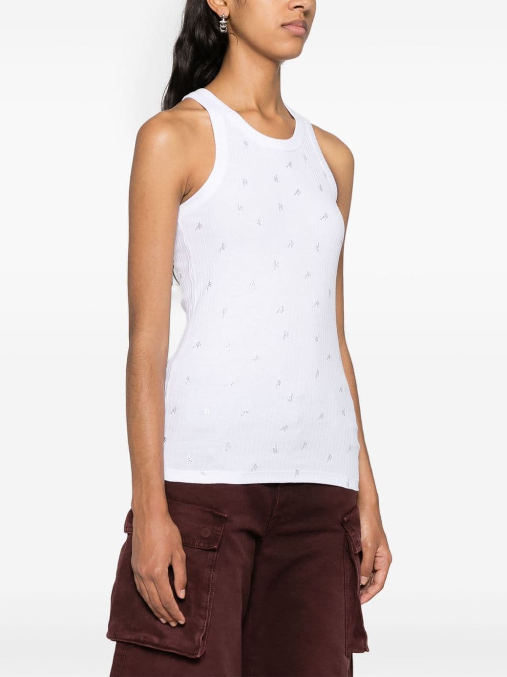 The Attico Ribbed Cotton Rhinestone Logo Sleeveless Top White
