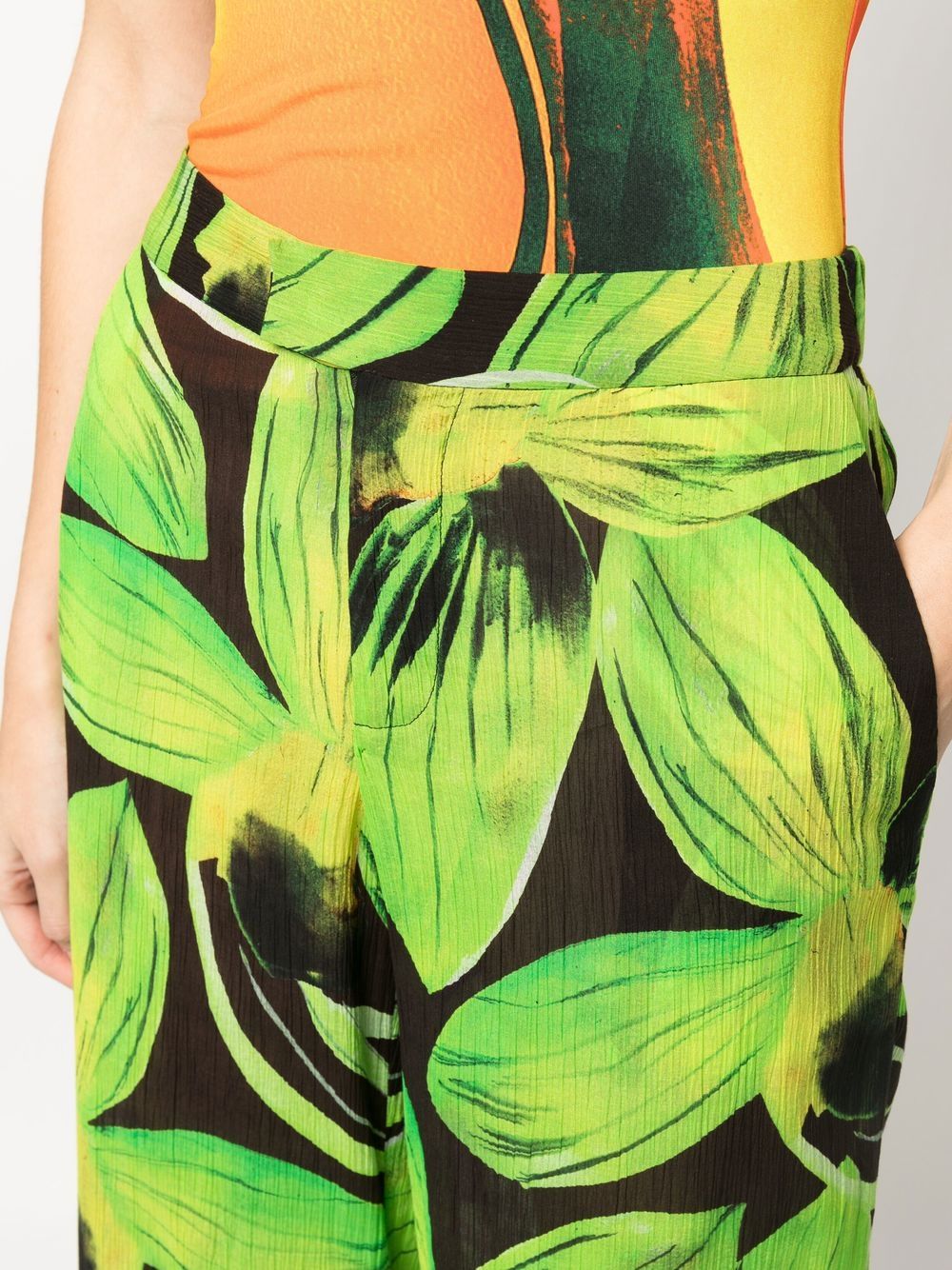 Louisa Ballou Leaves-Print Wide-Leg Trousers Green
