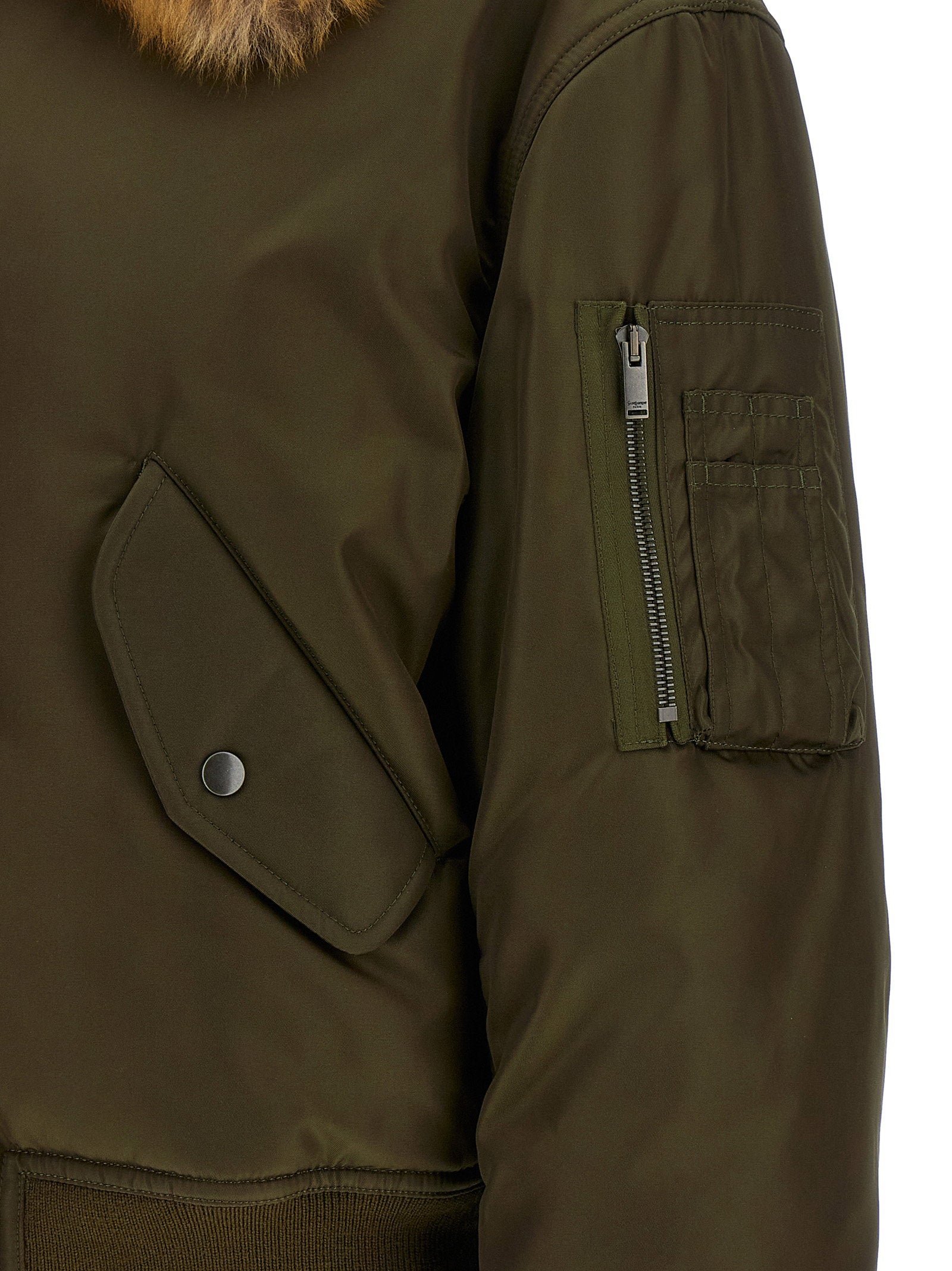 Saint Laurent Removable Shearling Neck Bomber Jacket Green