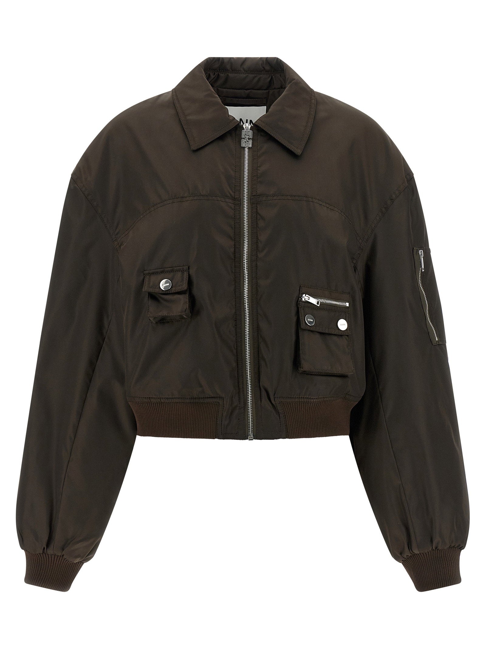 Ganni Duchesse Nylon Bomber Jacket Brown