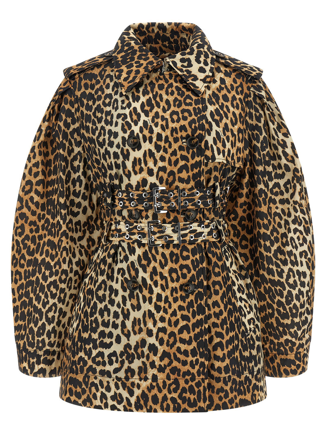 Ganni Leopard Duchesse Nylon Short Trench Coat Brown