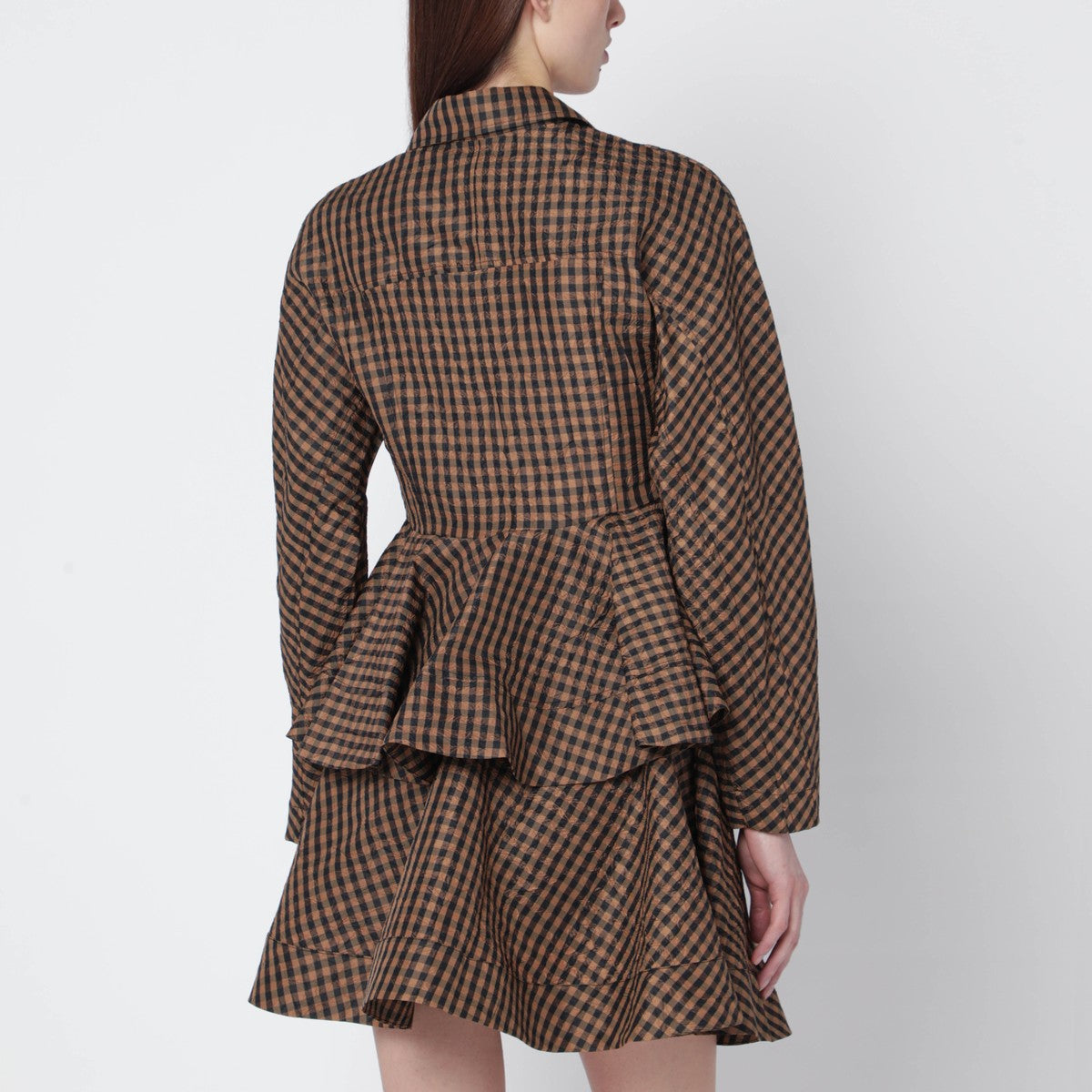Ganni Gingham Peplum Crinkled Shirt Brown