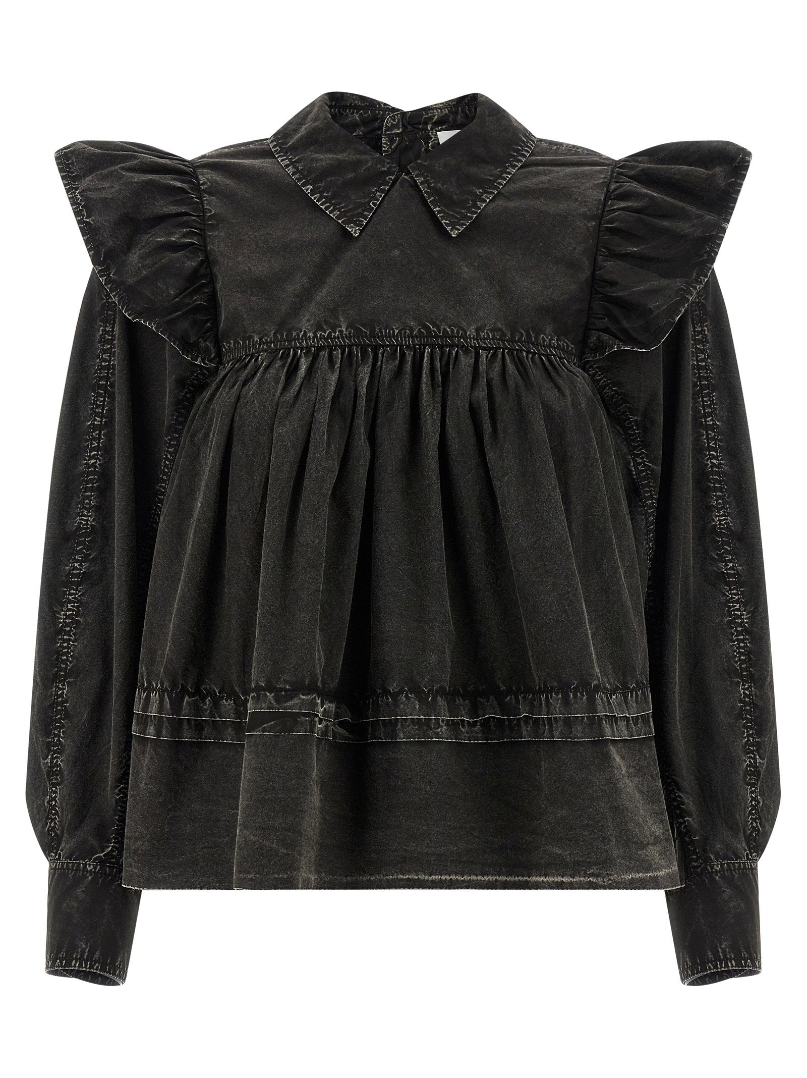 Ganni Black Washed Frill Blouse Black
