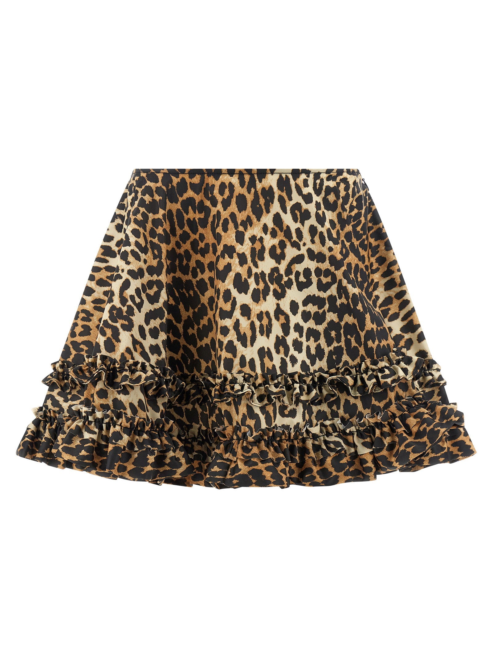 Ganni Leopard Duchesse Nylon Mini Frill Skirt Brown