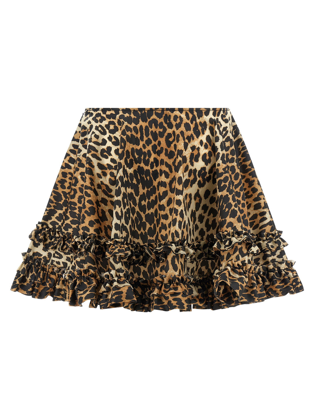 Ganni Leopard Duchesse Nylon Mini Frill Skirt Brown