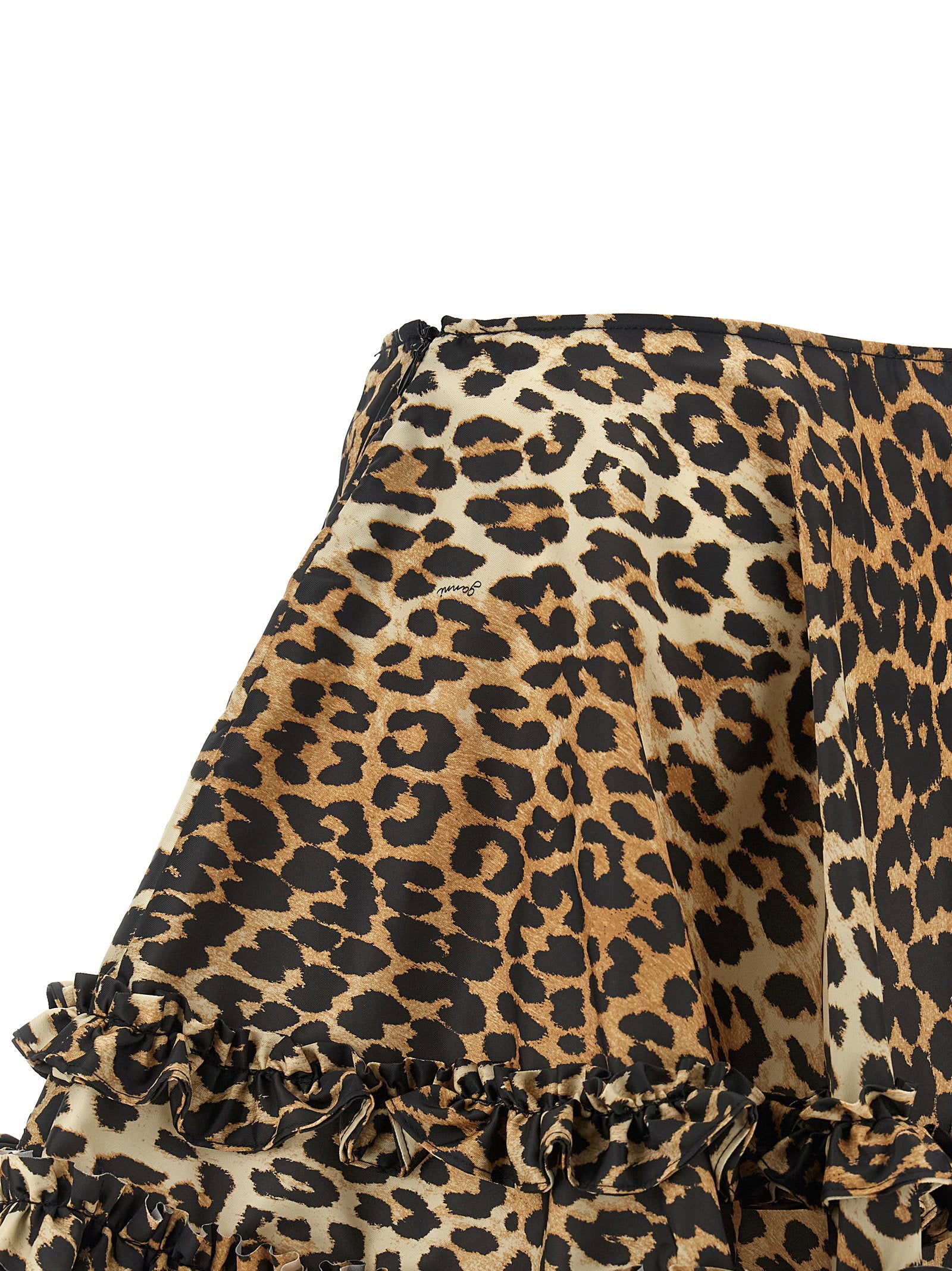 Ganni Leopard Duchesse Nylon Mini Frill Skirt Brown