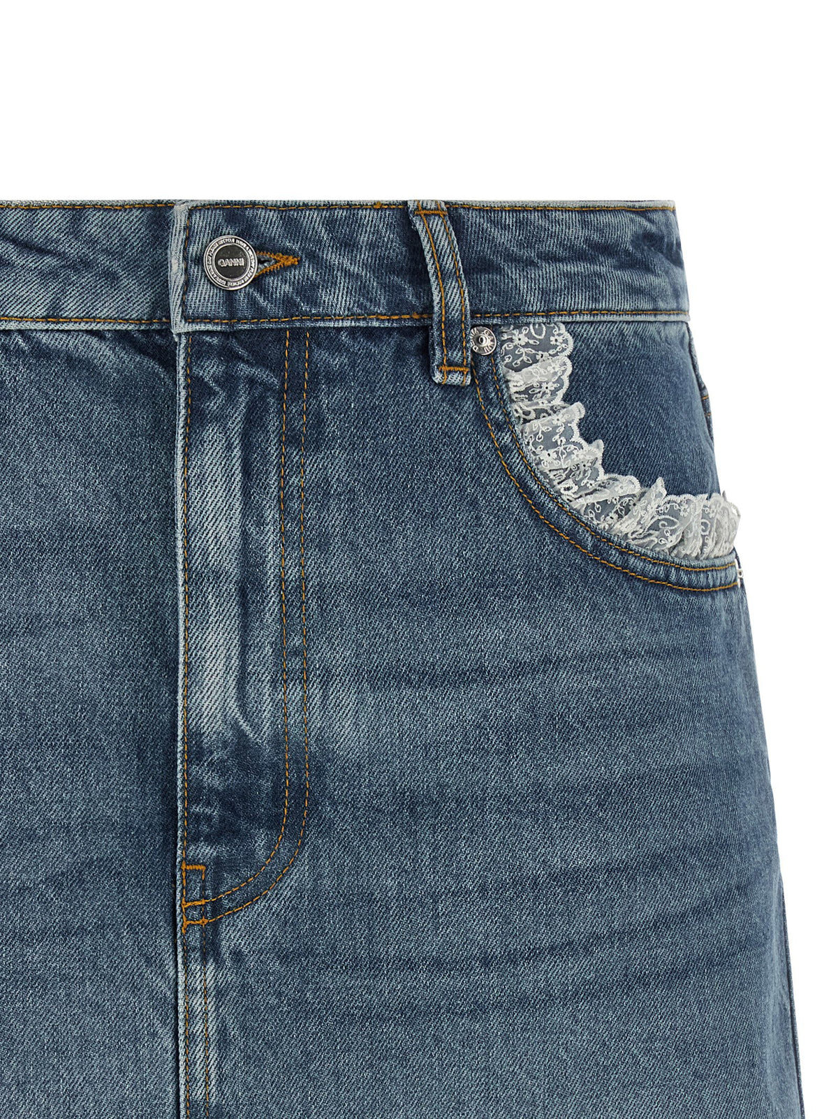 Ganni Denim And Lace Skirt Blue
