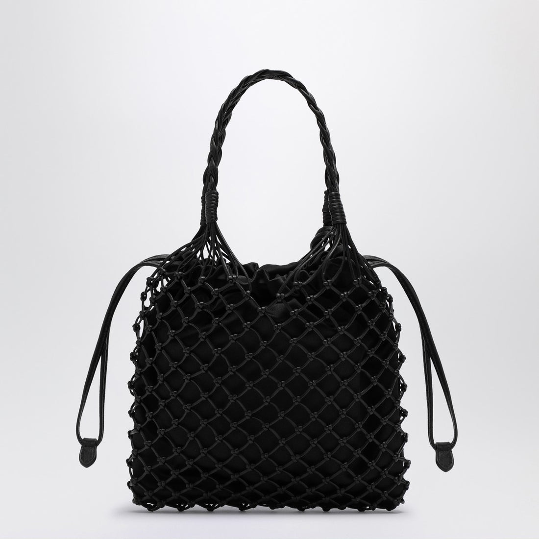 Moschino Basket Net Small Woven Leather Handbag Black Black