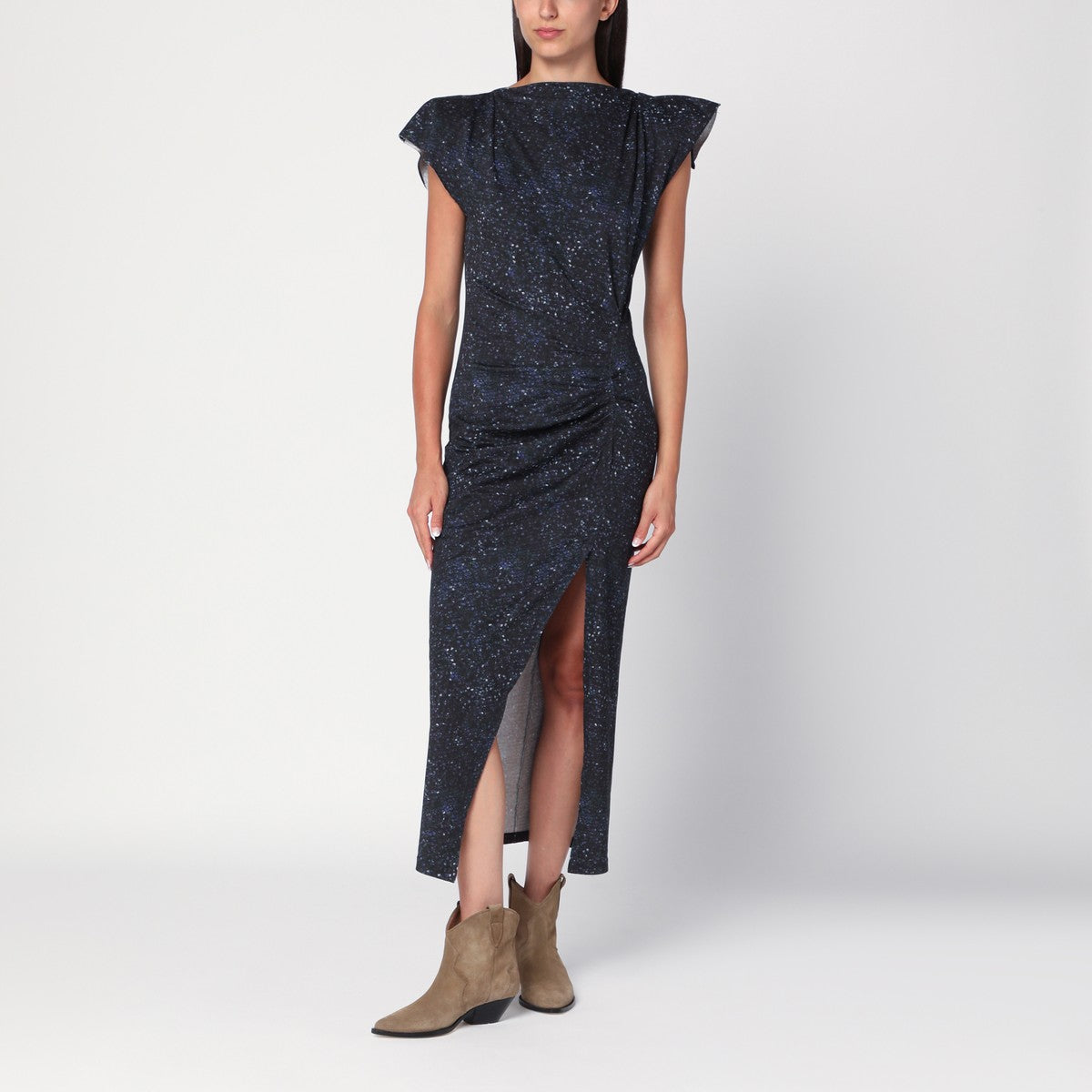 Isabel Marant Mid-Length Printed Midi Dress with Gathered Detail Blue