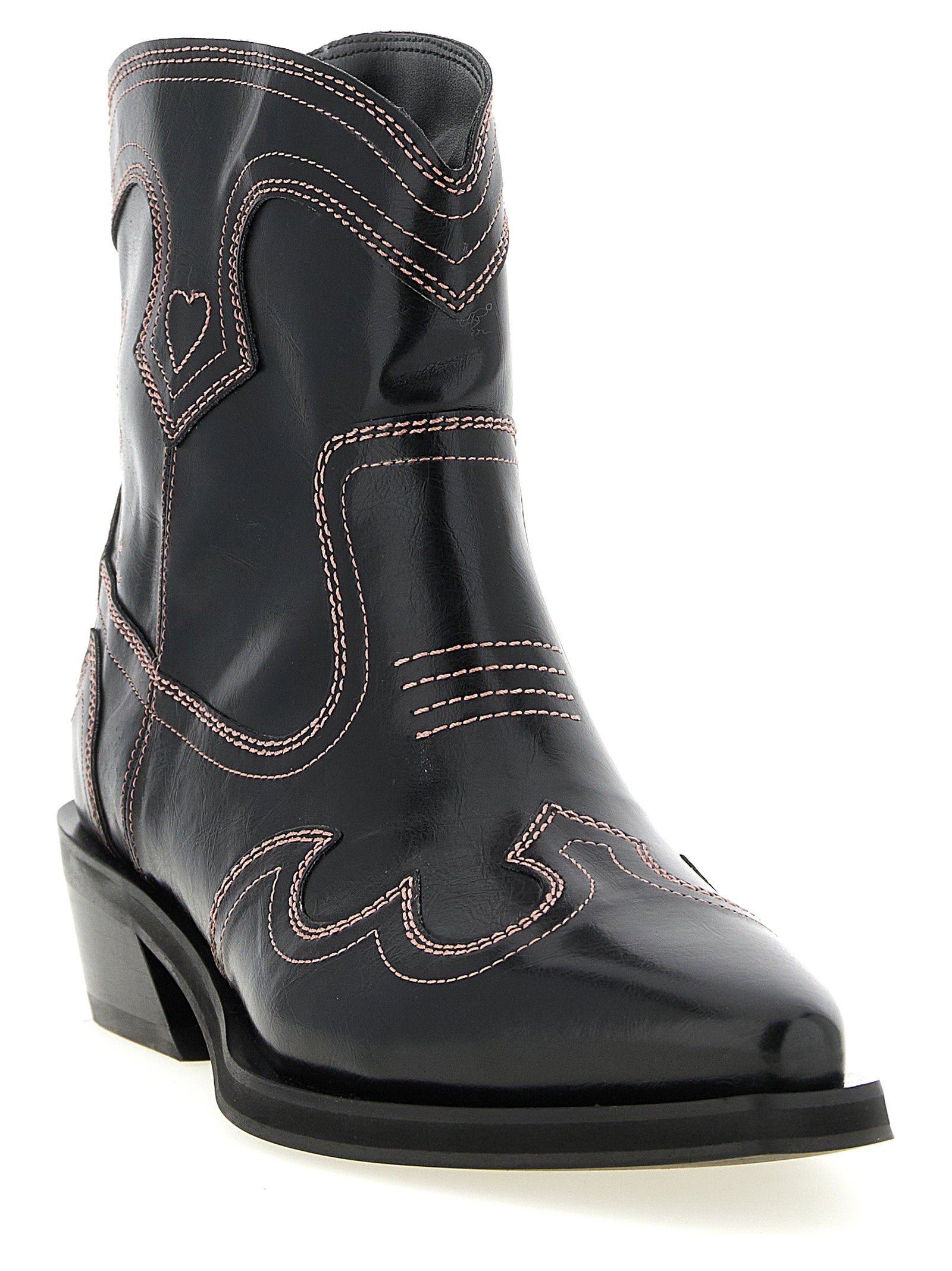 Ganni Low Shaft Embroidered Western Ankle Boots Black