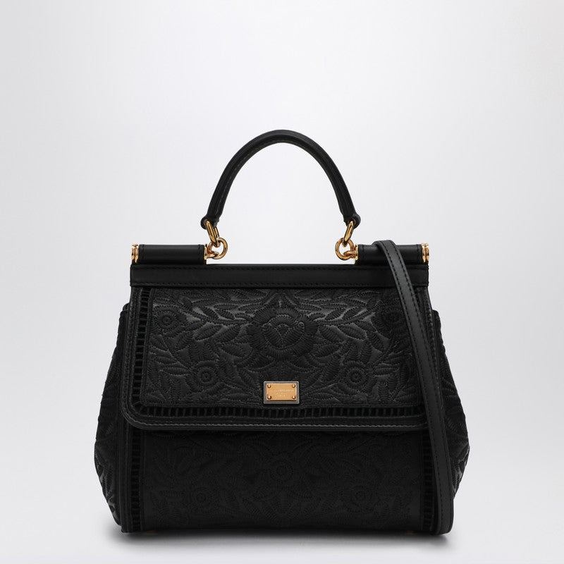 Dolce & Gabbana Sicily Medium Black Embroidered Leather Handbag Black