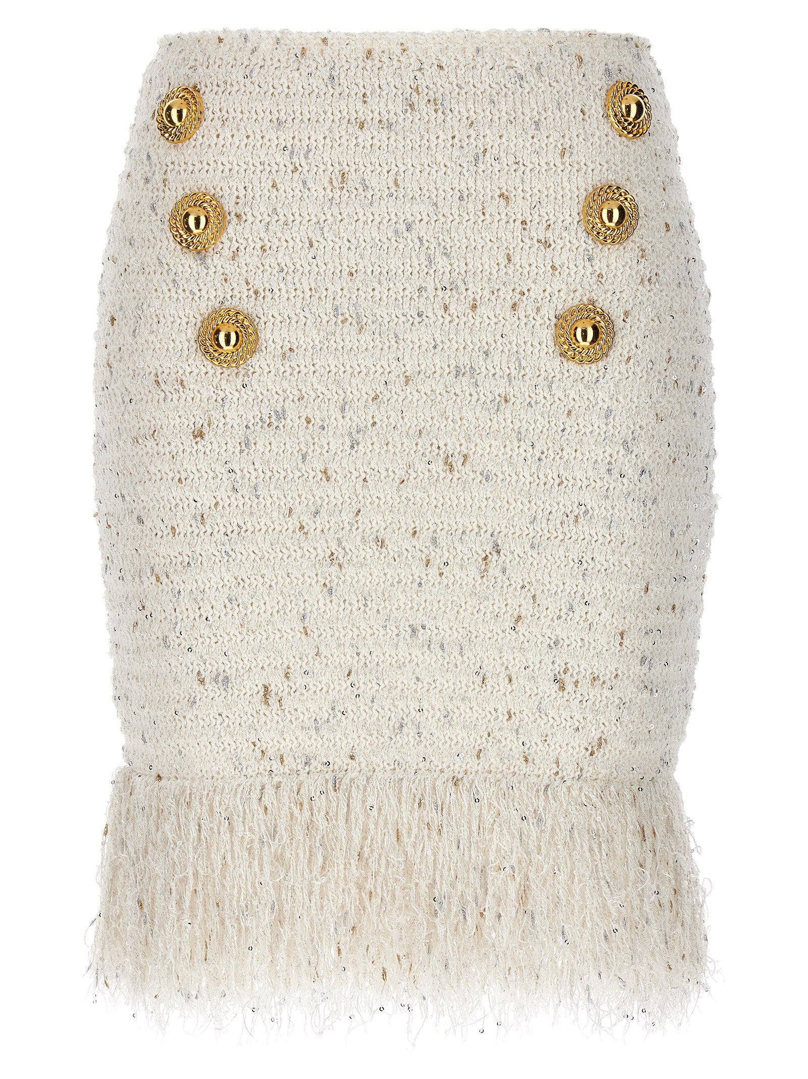 Balmain Fringed Tweed Skirt White