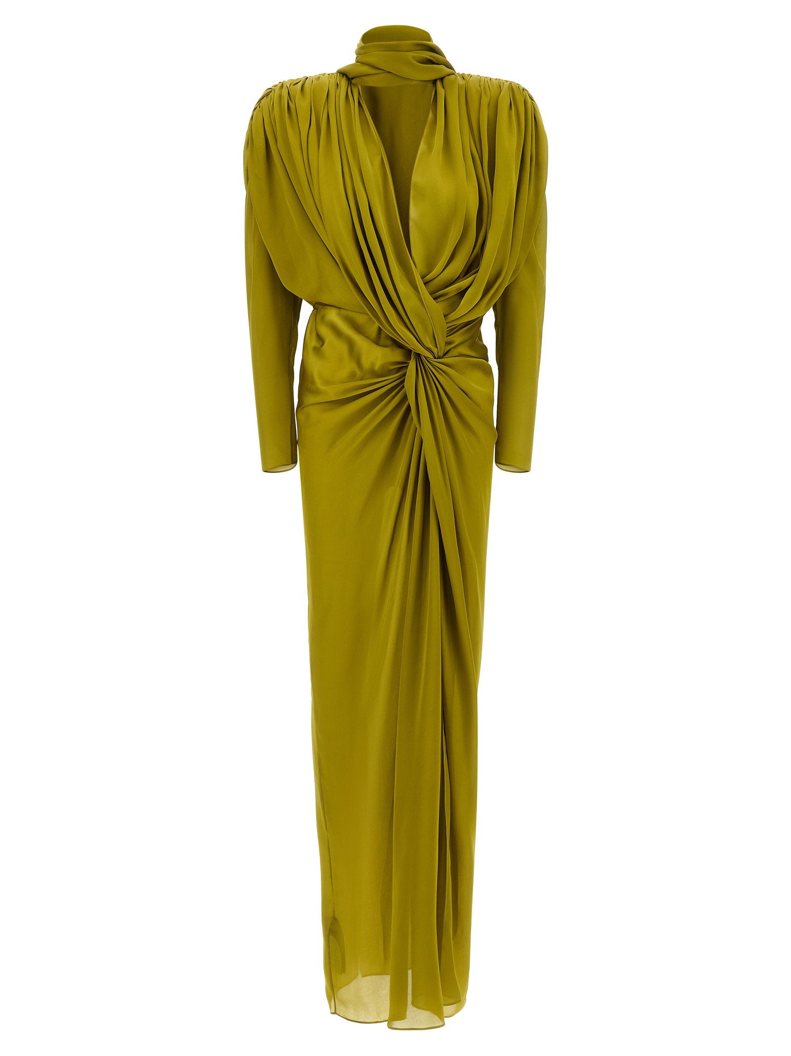 Balmain Draped Silk Dress With Knot Green