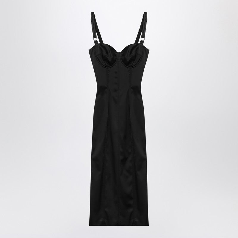 Dolce & Gabbana Black Satin Corset Midi Dress Black