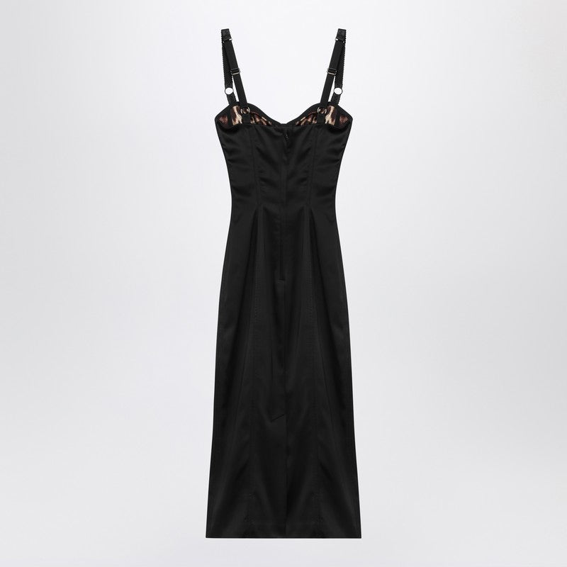 Dolce & Gabbana Black Satin Corset Midi Dress Black