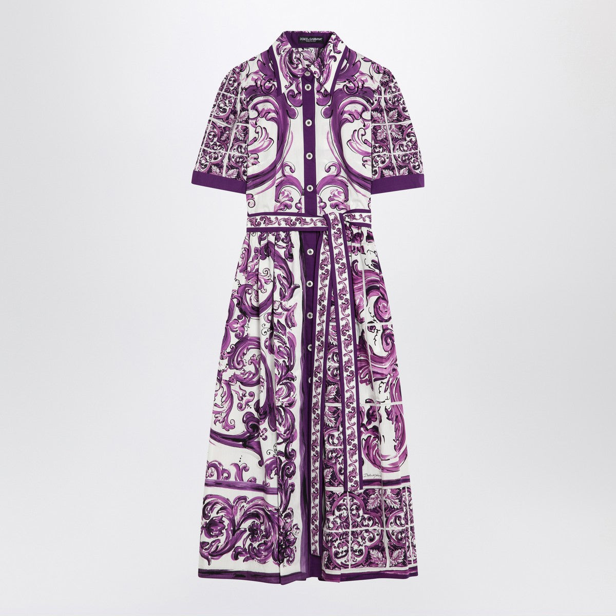 Dolce & Gabbana Poplin Shirt Dress with Maiolica Print Purple