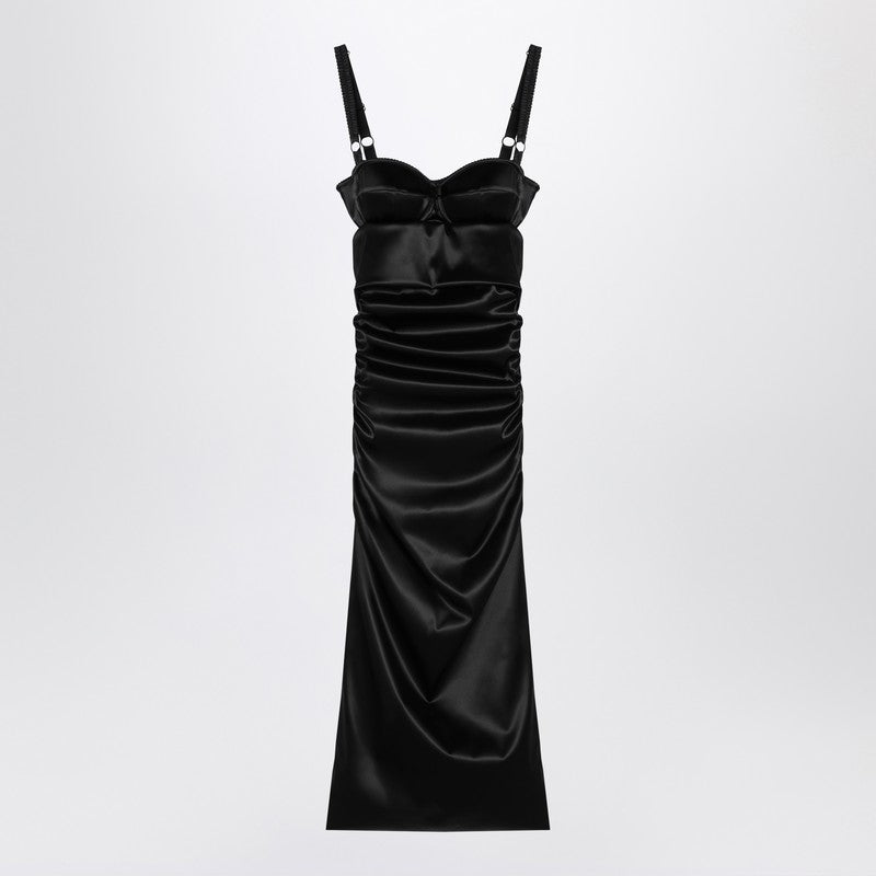 Dolce & Gabbana Draped Stretch-Satin Midi Dress with Bra Detail Black