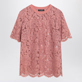 Dolce & Gabbana Pink Stretch Floral Lace T-Shirt with Wavy Hem Pink