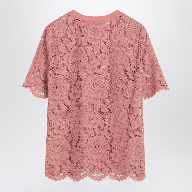 Dolce & Gabbana Pink Stretch Floral Lace T-Shirt with Wavy Hem Pink